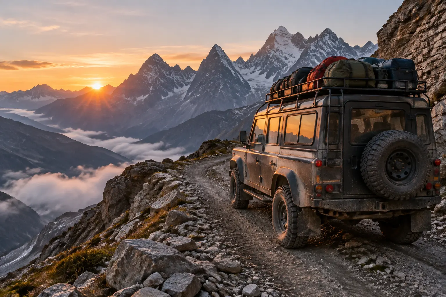 Загруженный рюкзаками джип 4WD стоит на каменистой горной дороге у точки старта многодневного трека перед выездом группы.