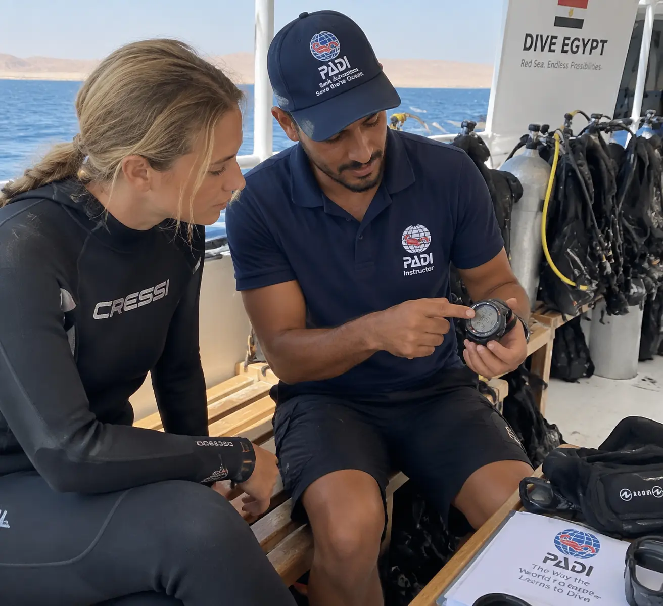 Инструктор PADI показывает студенту компьютерный интерфейс на борту лодки в Египте, вокруг разложено снаряжение для дайвинга.