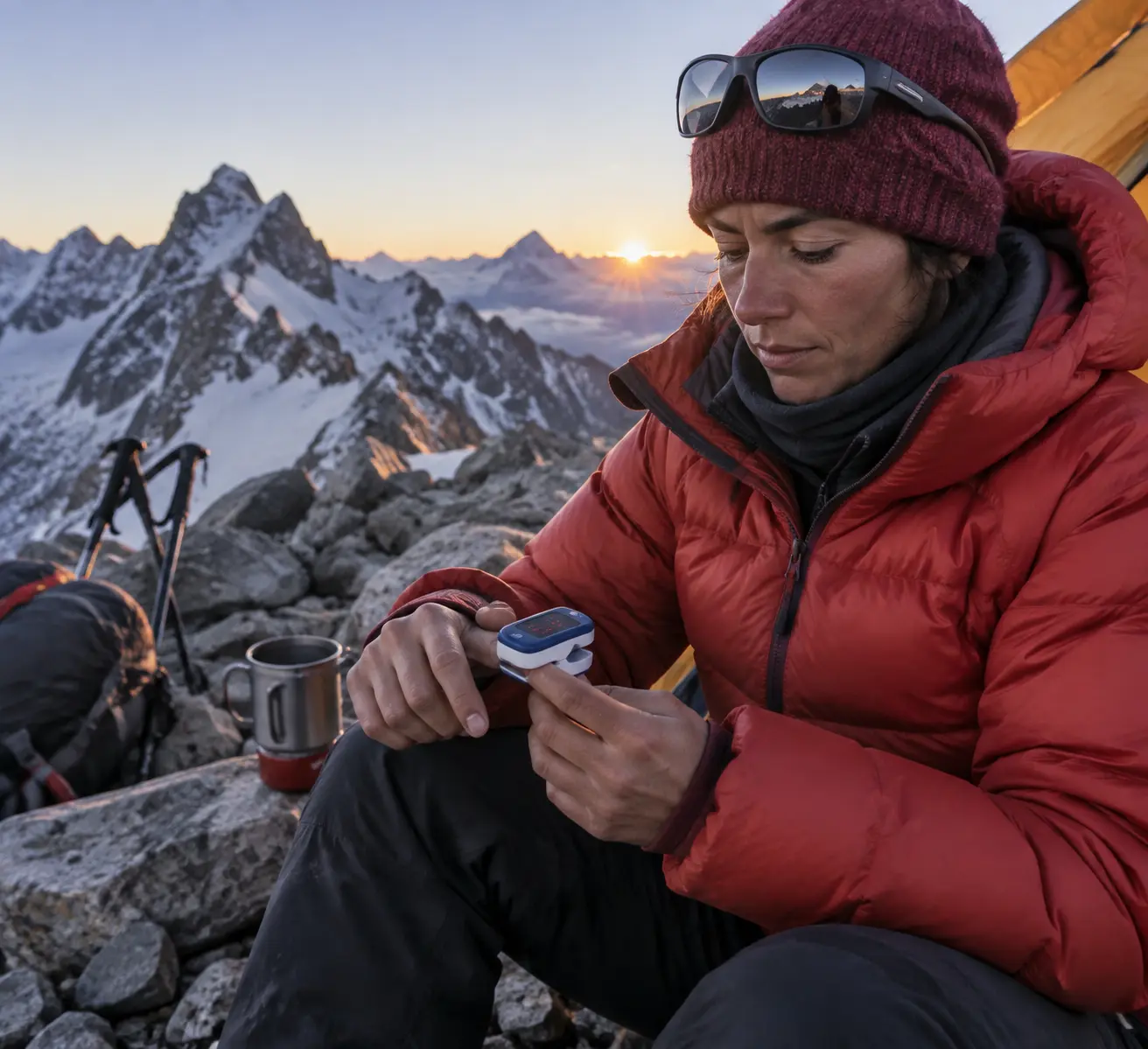 Участник восхождения измеряет сатурацию пульсоксиметром на ночёвке в высотном лагере под скальным гребнем, проверяя допуск к выходу.