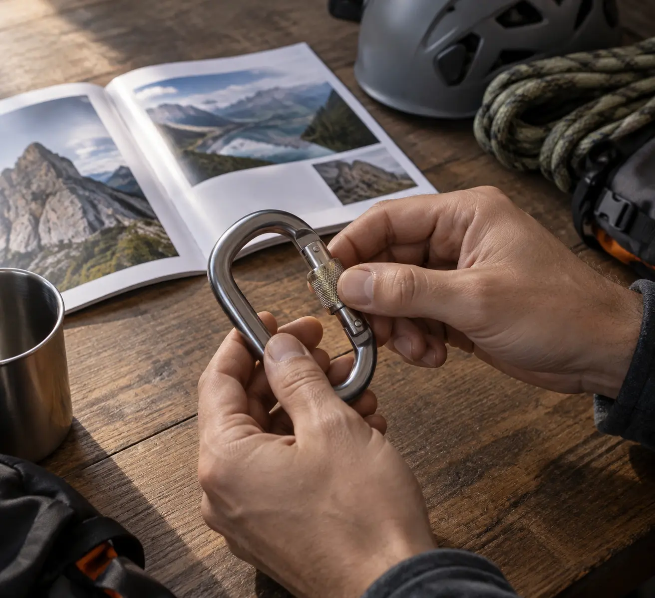 Маркировка и инструкция Карабин Petzl лежит рядом с раскрытой инструкцией на рабочем столе, где перед горным выходом проверяют маркировку и положение муфты.