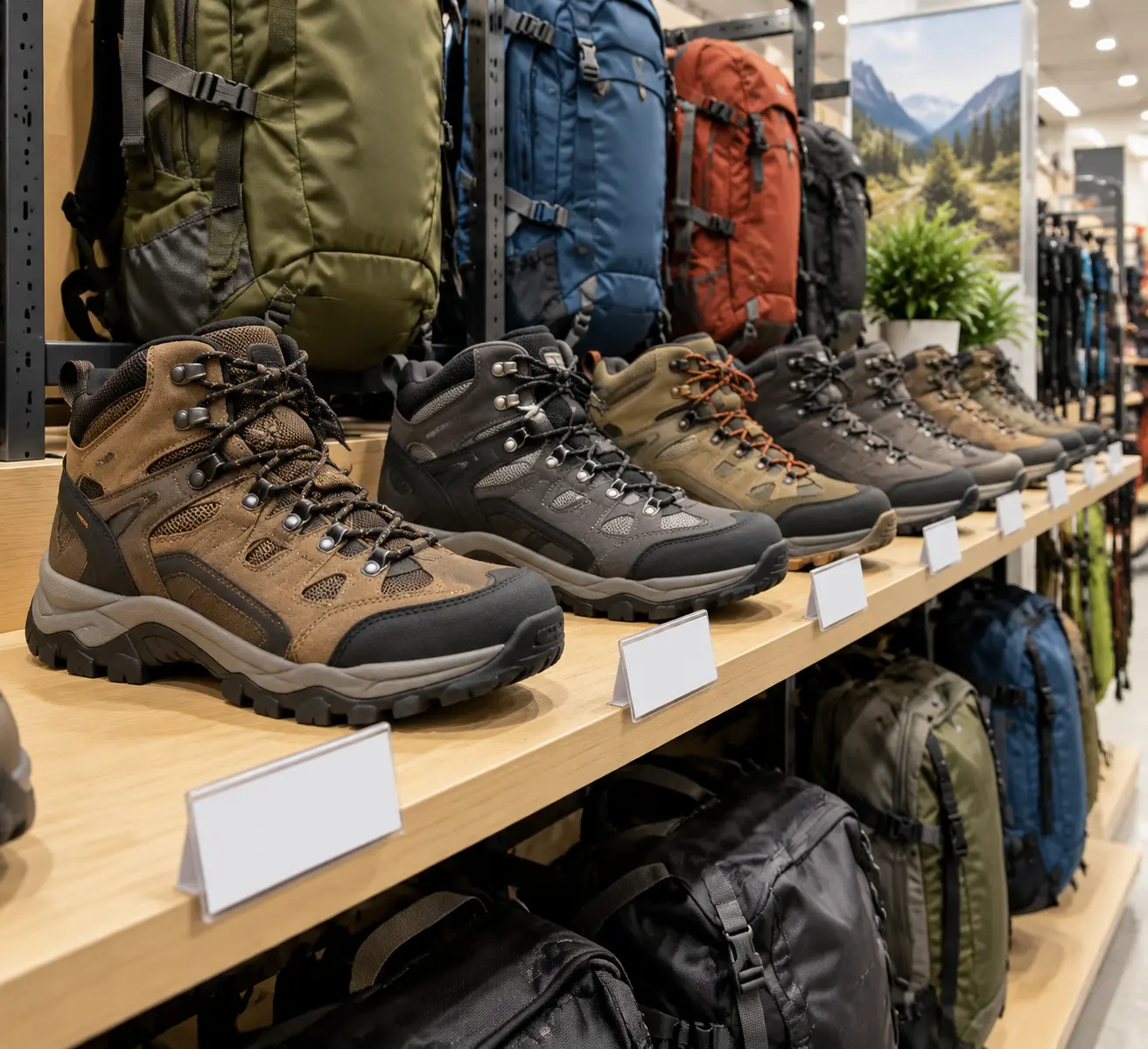 Ценники в торговом зале Decathlon: рядом стоят ботинки и рюкзаки Quechua, Forclaz и Simond - сравнение цен перед треком в 2026 году.