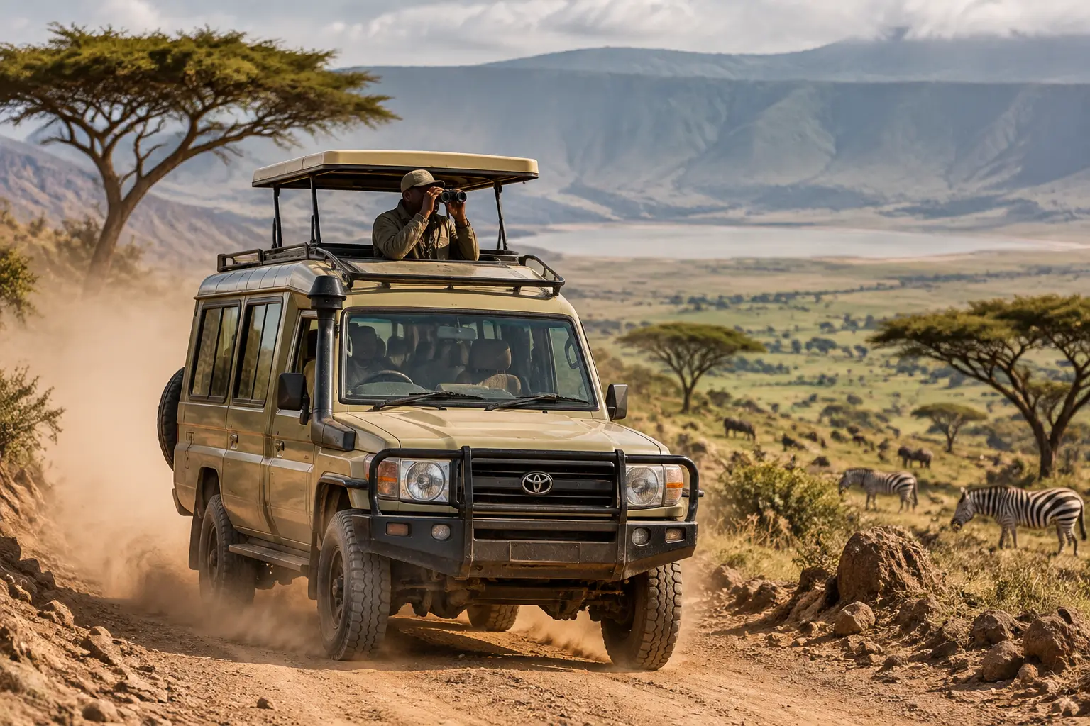 Внедорожник Land Cruiser с открытым верхом на грунтовой дороге Нгоронгоро: гид с биноклем, облако пыли и акации в кадре.